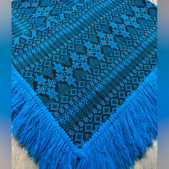 Vintage Guatemalan PONCHO Blue Black Orange Brocade Cotton Blend Hand Loomed - Picture 4 of 14